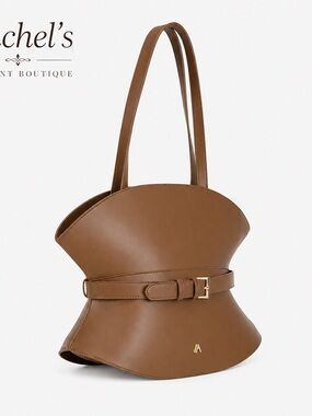Brown Sculpted Leather Belted Shoulder Bag